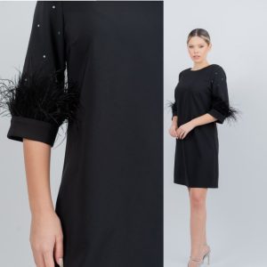 Rochie eleganta cu strasuri si pene aplicate pe maneci