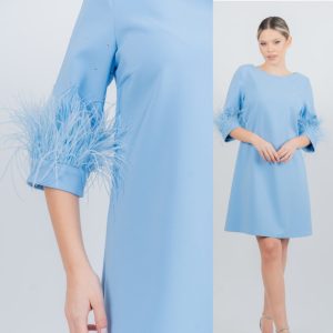Rochie eleganta cu strasuri si pene aplicate pe maneci